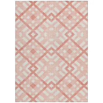 5' X 8' Salmon Peach And Ivory Geometric Washable Indoor Outdoor Area Rug