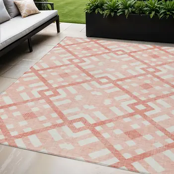 5' X 8' Salmon Peach And Ivory Geometric Washable Indoor Outdoor Area Rug