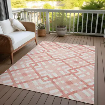 5' X 8' Salmon Peach And Ivory Geometric Washable Indoor Outdoor Area Rug