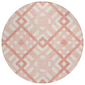 8' Salmon Peach And Ivory Round Geometric Washable Indoor Outdoor Area Rug