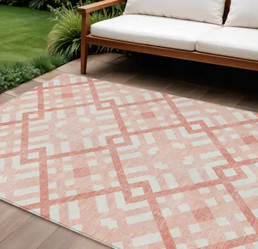 8' X 10' Salmon Peach And Ivory Geometric Washable Indoor Outdoor Area Rug
