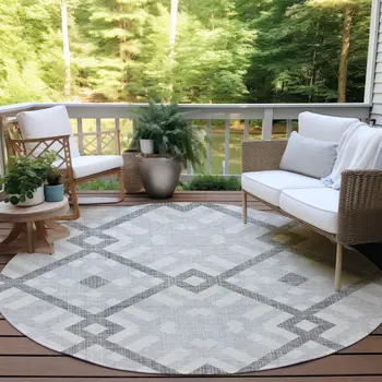 8' Silver Gray And Ivory Round Geometric Washable Indoor Outdoor Area Rug