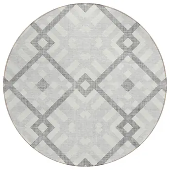 8' Silver Gray And Ivory Round Geometric Washable Indoor Outdoor Area Rug