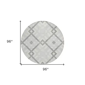 8' Silver Gray And Ivory Round Geometric Washable Indoor Outdoor Area Rug