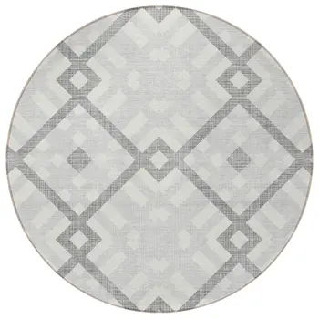 8' Silver Gray And Ivory Round Geometric Washable Indoor Outdoor Area Rug