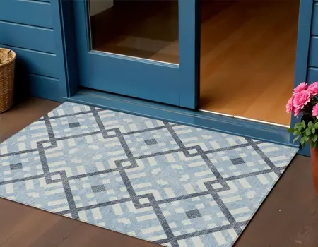 3' X 5' Sky Blue Navy Blue And Ivory Geometric Washable Indoor Outdoor Area Rug