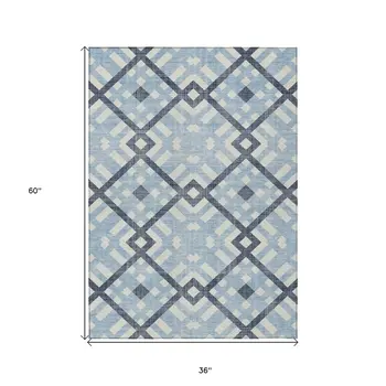 3' X 5' Sky Blue Navy Blue And Ivory Geometric Washable Indoor Outdoor Area Rug