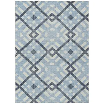 5' X 8' Sky Blue Navy Blue And Ivory Geometric Washable Indoor Outdoor Area Rug