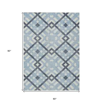 5' X 8' Sky Blue Navy Blue And Ivory Geometric Washable Indoor Outdoor Area Rug