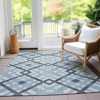 5' X 8' Sky Blue Navy Blue And Ivory Geometric Washable Indoor Outdoor Area Rug