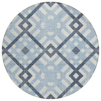 8' Sky Blue Navy Blue And Ivory Round Geometric Washable Indoor Outdoor Area Rug