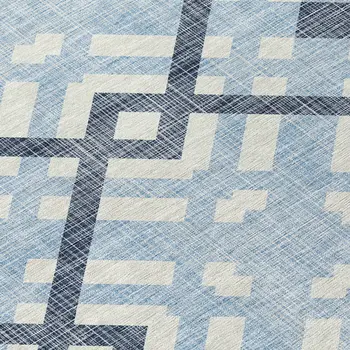 8' Sky Blue Navy Blue And Ivory Round Geometric Washable Indoor Outdoor Area Rug