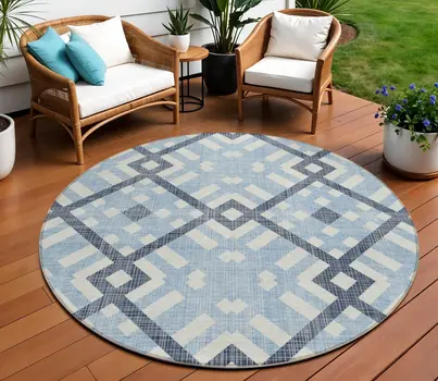 8' Sky Blue Navy Blue And Ivory Round Geometric Washable Indoor Outdoor Area Rug