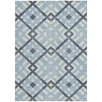 8' X 10' Sky Blue Navy Blue And Ivory Geometric Washable Indoor Outdoor Area Rug