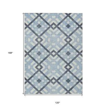 10' X 14' Sky Blue Navy Blue And Ivory Geometric Washable Indoor Outdoor Area Rug