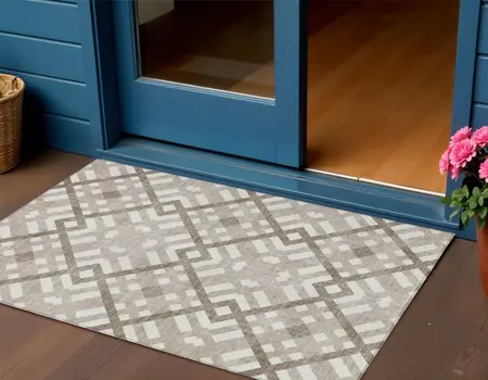 3' X 5' Taupe Brown And Ivory Geometric Washable Indoor Outdoor Area Rug
