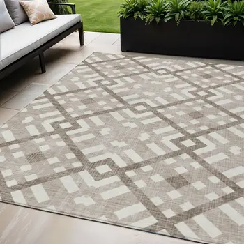 8' X 10' Taupe Brown And Ivory Geometric Washable Indoor Outdoor Area Rug