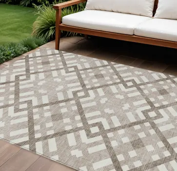 9' X 12' Taupe Brown And Ivory Geometric Washable Indoor Outdoor Area Rug