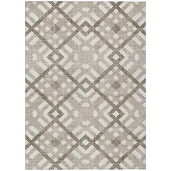 9' X 12' Taupe Brown And Ivory Geometric Washable Indoor Outdoor Area Rug