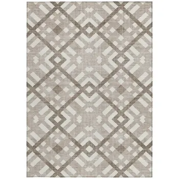 10' X 14' Taupe Brown And Ivory Geometric Washable Indoor Outdoor Area Rug