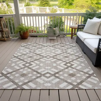 10' X 14' Taupe Brown And Ivory Geometric Washable Indoor Outdoor Area Rug