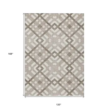10' X 14' Taupe Brown And Ivory Geometric Washable Indoor Outdoor Area Rug