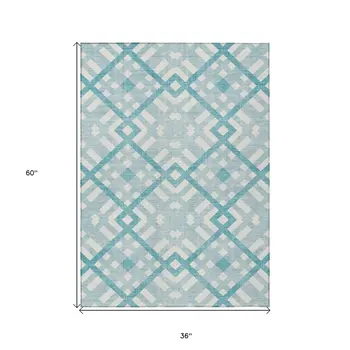 3' X 5' Teal Blue Aqua And Ivory Geometric Washable Indoor Outdoor Area Rug