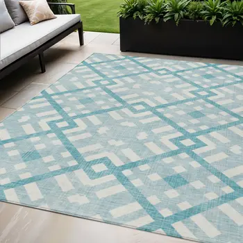 5' X 8' Teal Blue Aqua And Ivory Geometric Washable Indoor Outdoor Area Rug