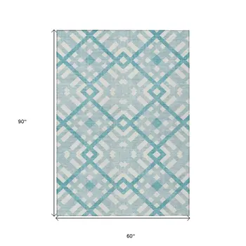 5' X 8' Teal Blue Aqua And Ivory Geometric Washable Indoor Outdoor Area Rug