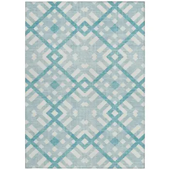 8' X 10' Teal Blue Aqua And Ivory Geometric Washable Indoor Outdoor Area Rug