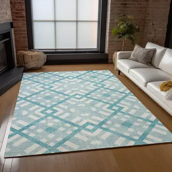8' X 10' Teal Blue Aqua And Ivory Geometric Washable Indoor Outdoor Area Rug