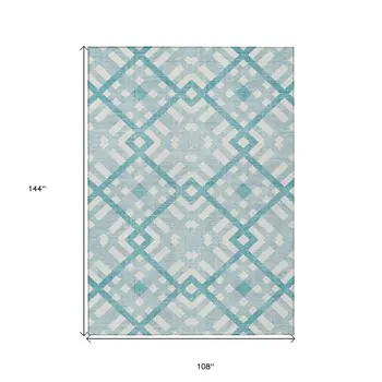 9' X 12' Teal Blue Aqua And Ivory Geometric Washable Indoor Outdoor Area Rug