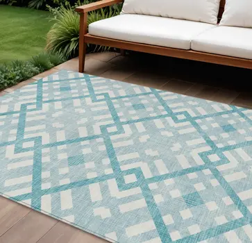 10' X 14' Teal Blue Aqua And Ivory Geometric Washable Indoor Outdoor Area Rug
