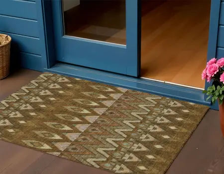 3' X 5' Brown Beige And Artichoke Green Southwestern Washable Indoor Outdoor Area Rug