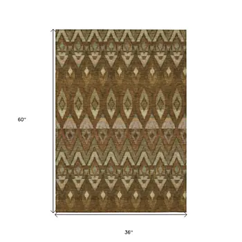 3' X 5' Brown Beige And Artichoke Green Southwestern Washable Indoor Outdoor Area Rug