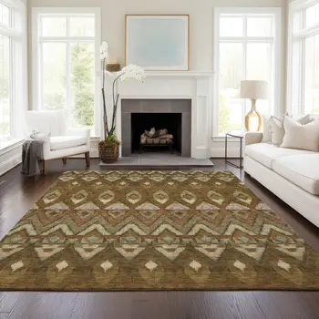 3' X 5' Brown Beige And Artichoke Green Southwestern Washable Indoor Outdoor Area Rug