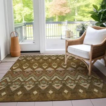 3' X 5' Brown Beige And Artichoke Green Southwestern Washable Indoor Outdoor Area Rug