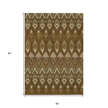 5' X 8' Brown Beige And Artichoke Green Southwestern Washable Indoor Outdoor Area Rug