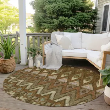 8' Brown Beige And Artichoke Green Round Southwestern Washable Indoor Outdoor Area Rug
