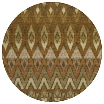 8' Brown Beige And Artichoke Green Round Southwestern Washable Indoor Outdoor Area Rug