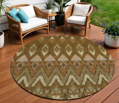 8' Brown Beige And Artichoke Green Round Southwestern Washable Indoor Outdoor Area Rug