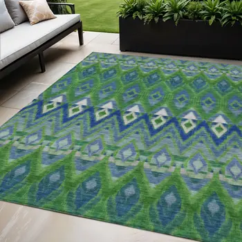 5' X 8' Green And Blue Southwestern Washable Indoor Outdoor Area Rug