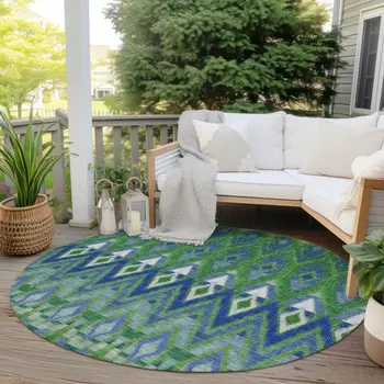 8' Green And Blue Round Southwestern Washable Indoor Outdoor Area Rug