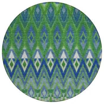 8' Green And Blue Round Southwestern Washable Indoor Outdoor Area Rug