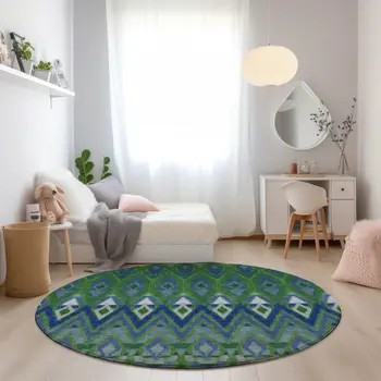8' Green And Blue Round Southwestern Washable Indoor Outdoor Area Rug
