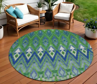 8' Green And Blue Round Southwestern Washable Indoor Outdoor Area Rug