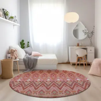 8' Pink Salmon And Blush Round Southwestern Washable Indoor Outdoor Area Rug