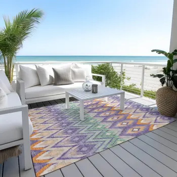 9' X 12' Purple Lilac And Orange Southwestern Washable Indoor Outdoor Area Rug