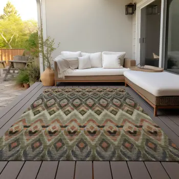 5' X 8' Taupe Olive Green And Beige Southwestern Washable Indoor Outdoor Area Rug
