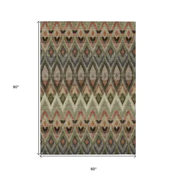 5' X 8' Taupe Olive Green And Beige Southwestern Washable Indoor Outdoor Area Rug
